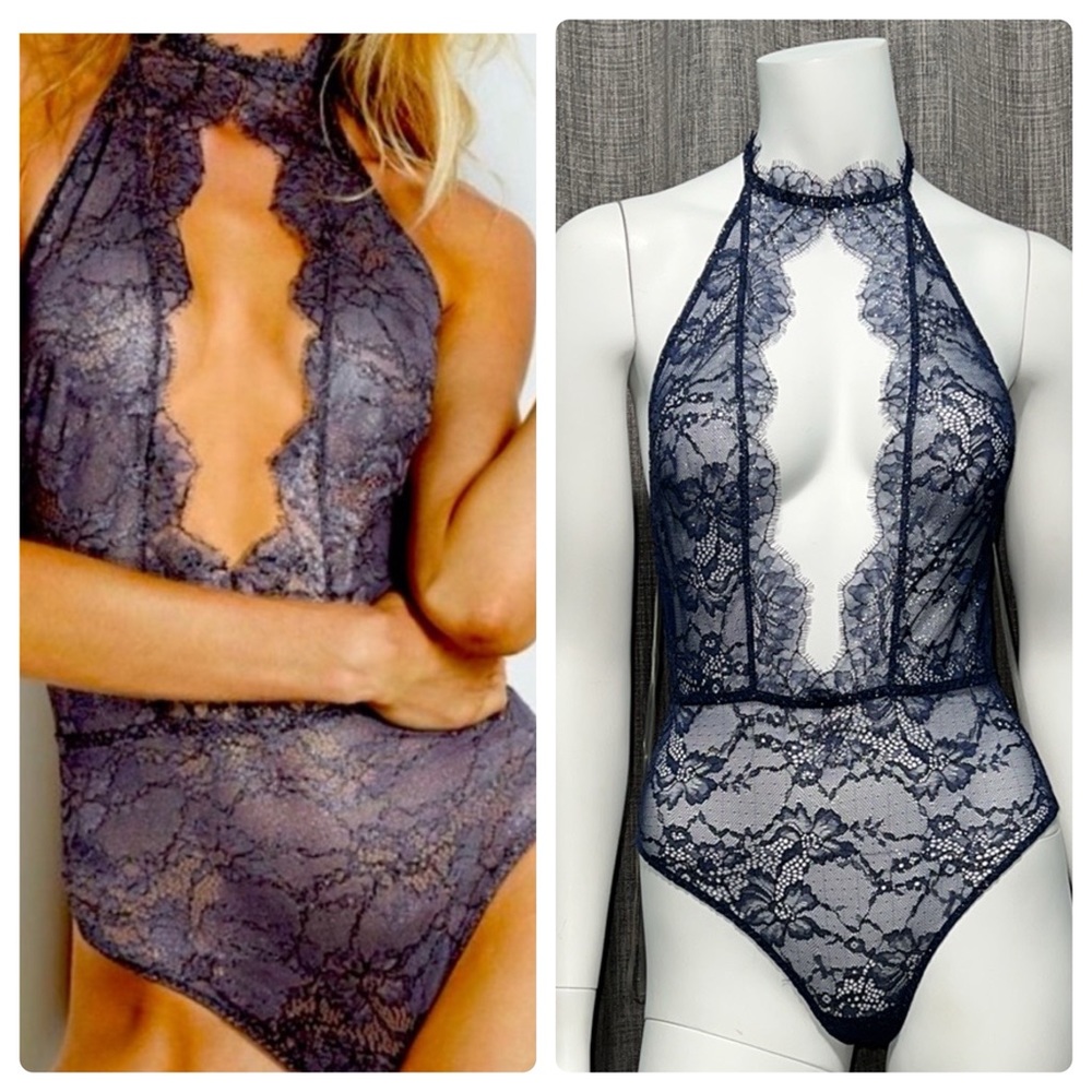 NWT Victoria's Secret DREAM ANGELS
Chantilly Lace Plunge Teddy Blue Foil XS